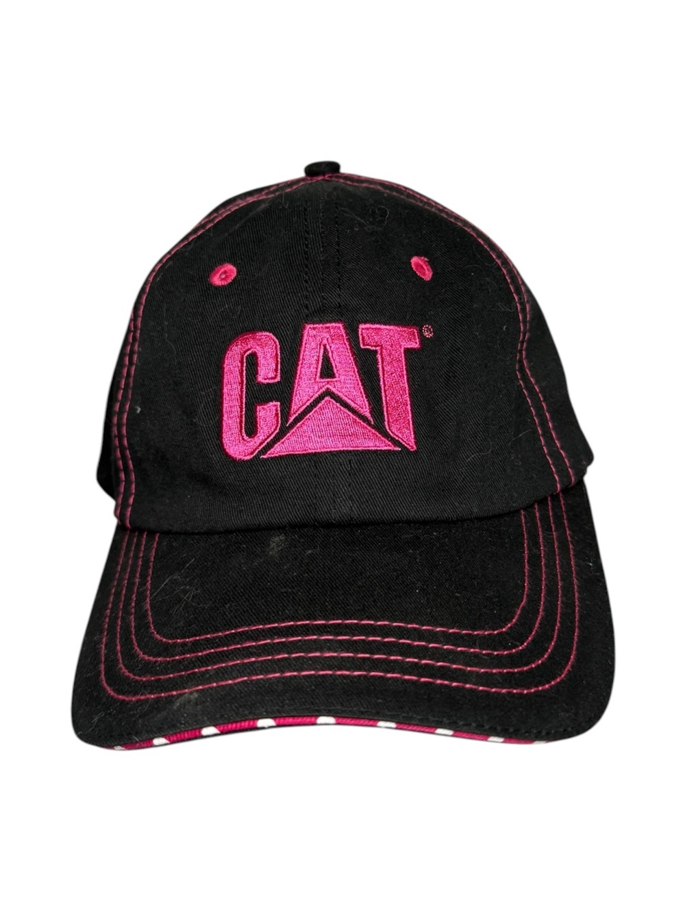 Womens CAT Caterpillar Cap Hat Black Pink Embroidered Polka Dot Adjustable